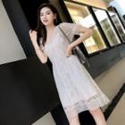 Set: Puff-sleeve Lace A-line Dress + Slipdress