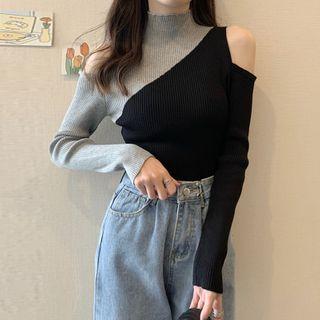Cold-shoulder Color-block Long-sleeve Knit Top