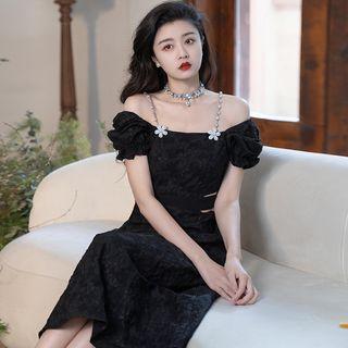 Cold-shoulder Faux Pearl Strap Floral Midi A-line Dress
