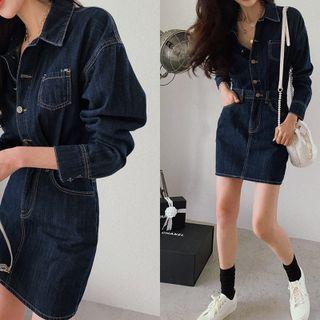 Dual-pocket Denim Mini Shirtwaist Dress Dark Blue - One Size
