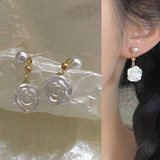 Flower Faux Pearl Alloy Dangle Earring 1 Pair - 2769a - Gold & White - One Size