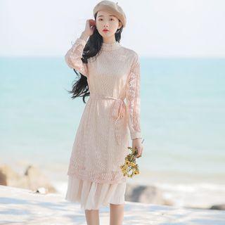 Tie Waist Lace Long-sleeve A-line Dress