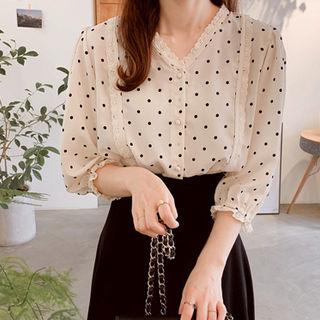 V-neck Lace-detail Dotted Blouse