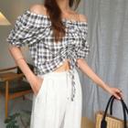 Drawstring-front Plaid Cropped Top
