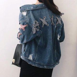 Distressed Lace Up Detail Denim Jacket