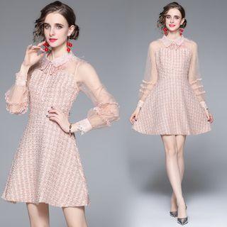 Long-sleeve Tie-neck Mesh Panel Mini A-line Dress
