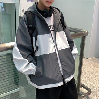 Long-sleeve Two-tone Hooded Zip Jacket