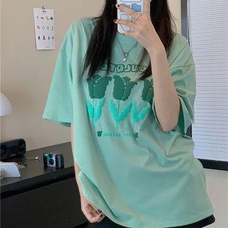 Short-sleeve Floral Printed T-shirt Green - One Size