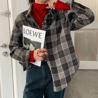 Plaid Shirt / Mock-turtleneck Long-sleeve Top