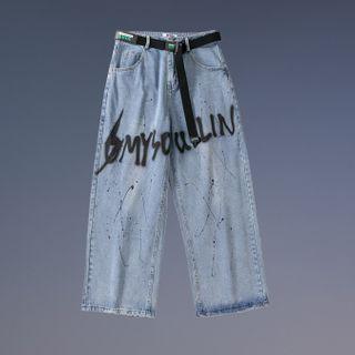 Lettering Splatter Print Straight Leg Jeans