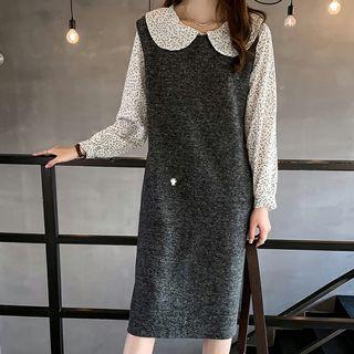 Set: Floral Print Chiffon Blouse + Knit Jumper Dress