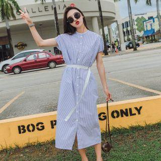 Short-sleeve Striped Midi Shirtdress With Belt
