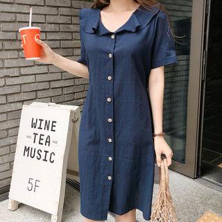 Frilled-collar Linen Blend Shirtdress With Sash