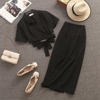 Short-sleeve Wrap Crop Top / Midi Pencil Skirt / Set