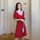 Puff-sleeve Polka Dot Single Breasted Dress Red - One Size
