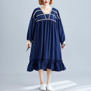 Contrast Trim Long-sleeve Midi Shift Dress Blue - One Size