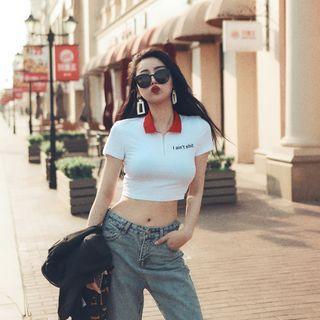 Short-sleeve Lettering Cropped Polo-shirt