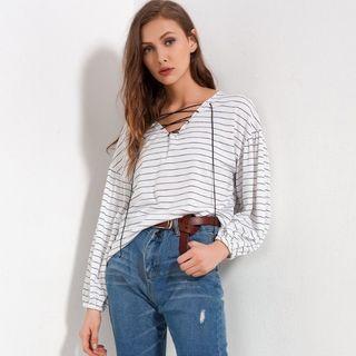 Striped Lace Up Long-sleeve T-shirt