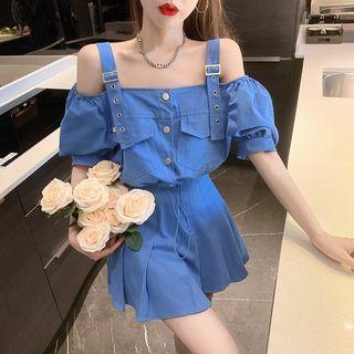 Elbow-sleeve Cold Shoulder Buckled Drawstring Crop Top / High Waist Pleated Mini A-line Skirt