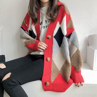 Faux Shearling Panel Argyle Cardigan