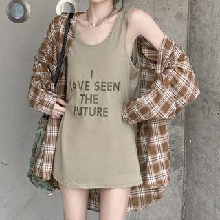 Scoop Neck Lettering Mini Tank Dress / Plaid Shirt