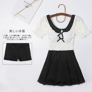 Short-sleeve Collared Two-tone Swim Dress