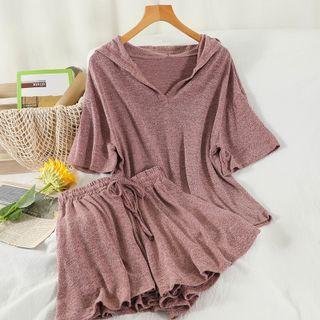 Set: Short-sleeve Knit Hoodie + Wide-leg Shorts