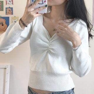 V-neck Plain Ruched Long-sleeve Knitted Crop Top