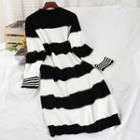 Long-sleeve Striped Midi Knit Dress Black - One Size