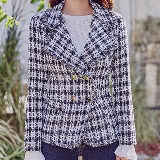 Fringed Plaid Wool Blend Tweed Blazer