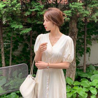Puff-sleeve Pintuck-trim Long Dress Cream - One Size