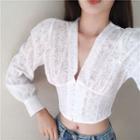 V-neck Long-sleeve Crop Top White - One Size