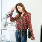 Collared Long-sleeve Tie-front Floral Chiffon Top