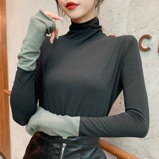 Long-sleeve Cowl-neck Two Tone T-shirt
