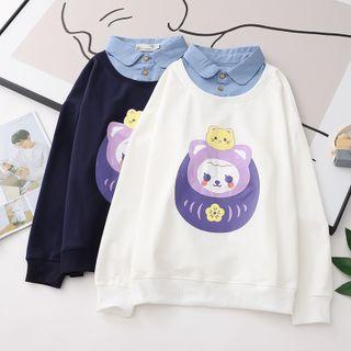 Mock Two-piece Cartoon Print Polo Sweatshirt