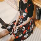 Strappy Floral Pleated Chiffon Dress