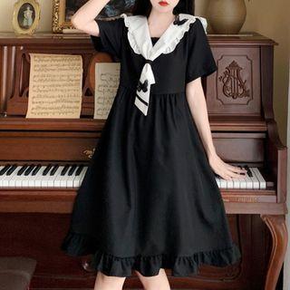 Short-sleeve Sailor Collar Frill Trim Smock Dress