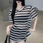 Short-sleeve Striped Mesh T-shirt Stripe - Black & White - One Size