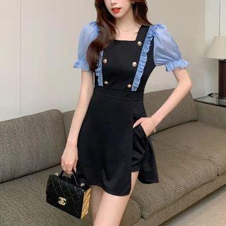 Set: Short-sleeve Panel Mini A-line Dress + Shorts
