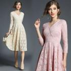 Long Sleeve Gathered-waist A-line V-neck Lace Long Dress