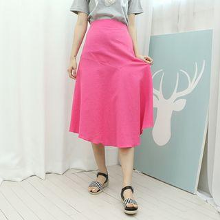 Linen Band-waist A-line Midi Skirt