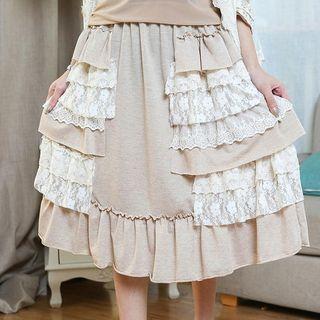 Lace-trim Ruffle Midi Skirt