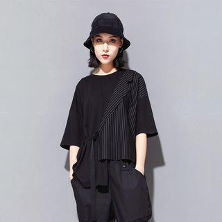 Elbow-sleeve Striped Panel Asymmetrical T-shirt