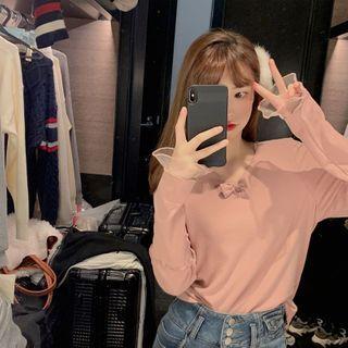 V-neck Bow Mesh Panel T-shirt