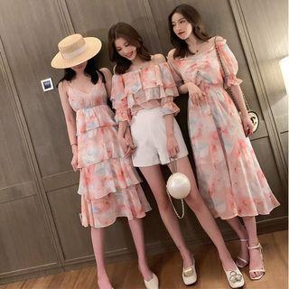 Spaghetti Strap Tiered Dress / Elbow-sleeve Midi Dress / Top
