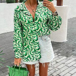 Long Sleeve Pattern-print Loose-fit Shirt