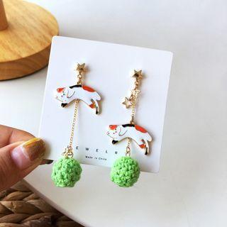 Cat Pom Pom Asymmetrical Alloy Dangle Earring