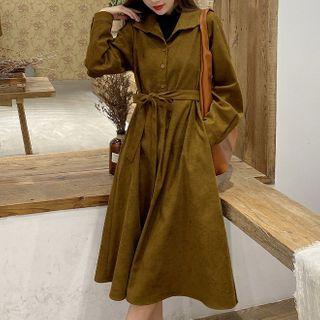 Plain Long-sleeve T-shirt / Tie-waist Midi Shirtdress / Set
