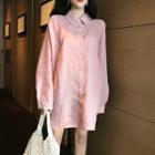 Long-sleeve Plain Shirt Dress Pink - One Size