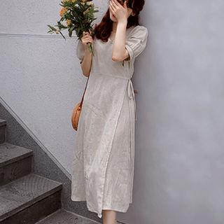 Wrap-front Linen Blend Dress Beige - One Size